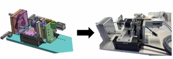 CAD linear-motion assembly next to the fabricated Festo setup