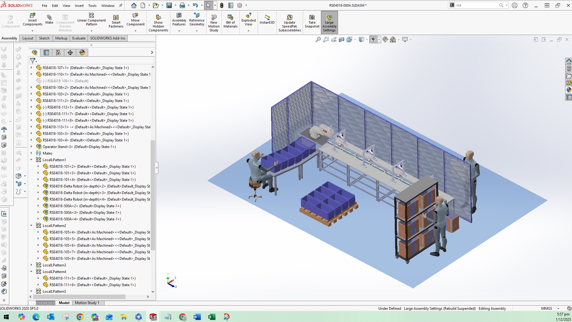 SolidWorks capstone project simulation of an industrial work cell with conveyor, robot, and operators